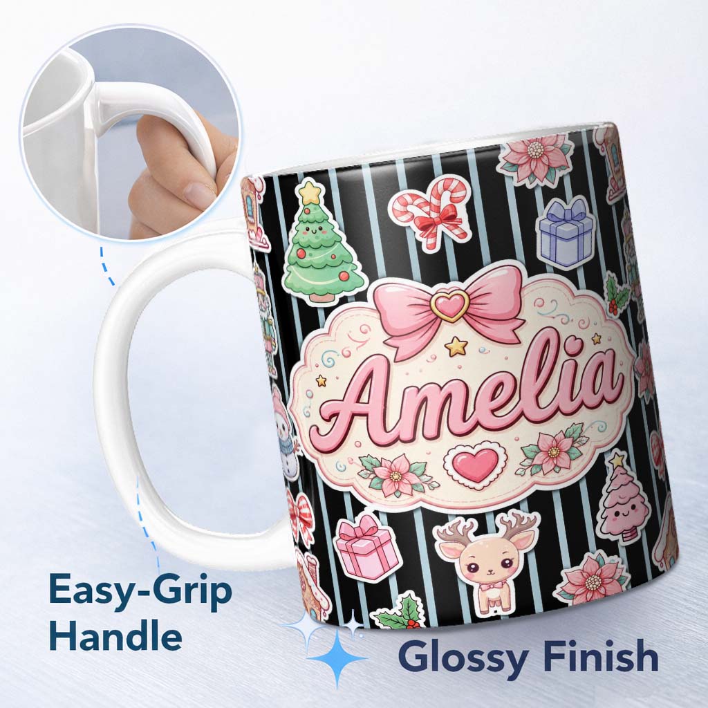 Personalized Custom Name Cute Christmas Gingerbread House Snowman Tree Gift Blue Stripe 11oz Ceramic Coffee Tea Mug White Large Handle