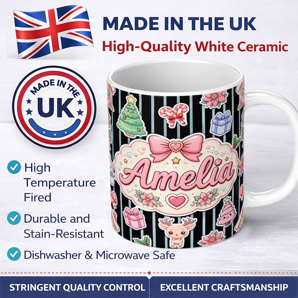Personalized Custom Name Cute Christmas Gingerbread House Snowman Tree Gift Blue Stripe 11oz Ceramic Coffee Tea Mug White Large Handle