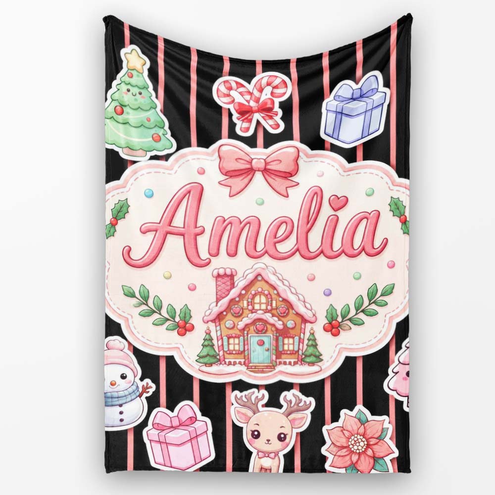 Cute Christmas Gingerbread House Snowman Tree Gift Red Stripe Personalised Custom Name Super Soft Fleece Blanket Bed Sofa Throw