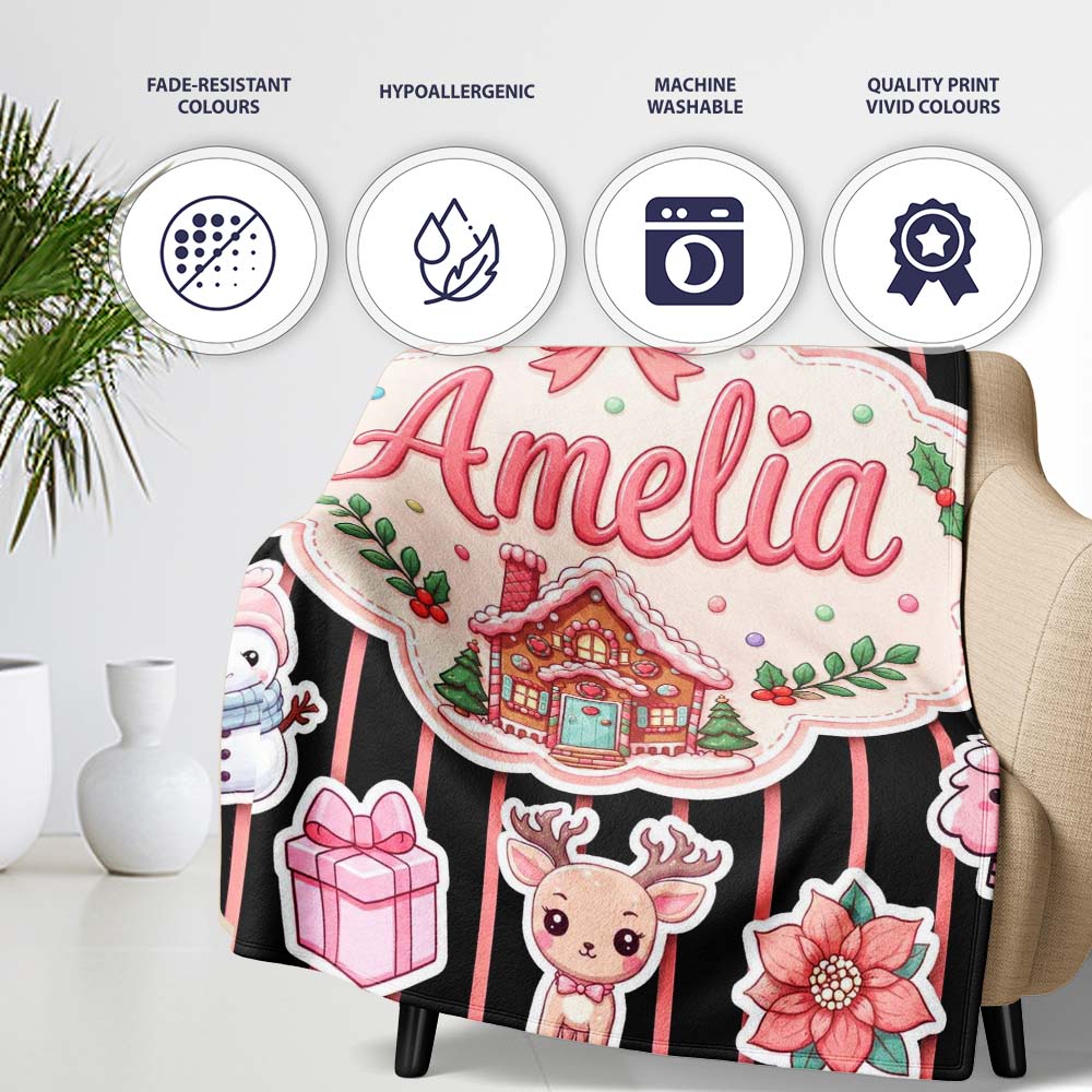 Cute Christmas Gingerbread House Snowman Tree Gift Red Stripe Personalised Custom Name Super Soft Fleece Blanket Bed Sofa Throw