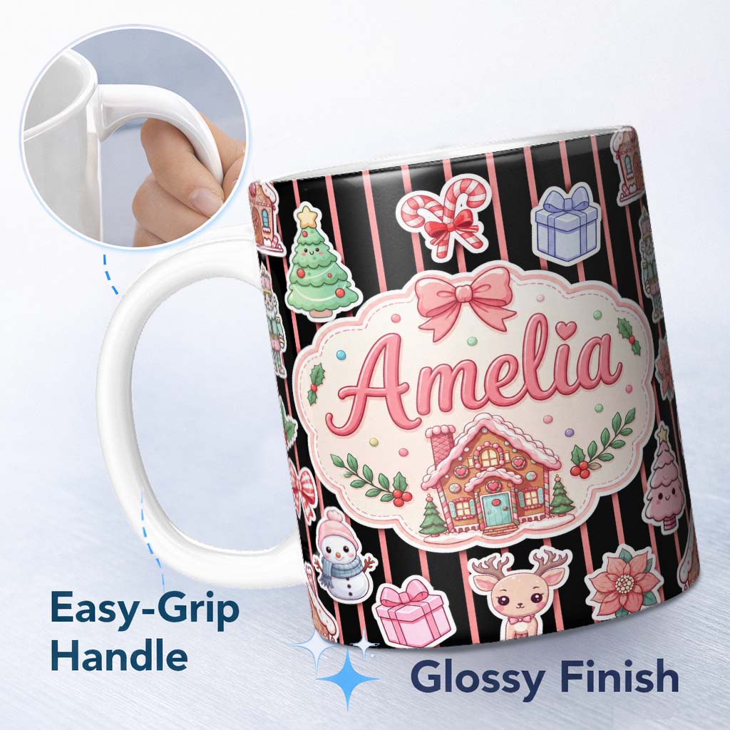 Personalized Custom Name Cute Christmas Gingerbread House Snowman Tree Gift Red Stripe 11oz Ceramic Coffee Tea Mug White Large Handle