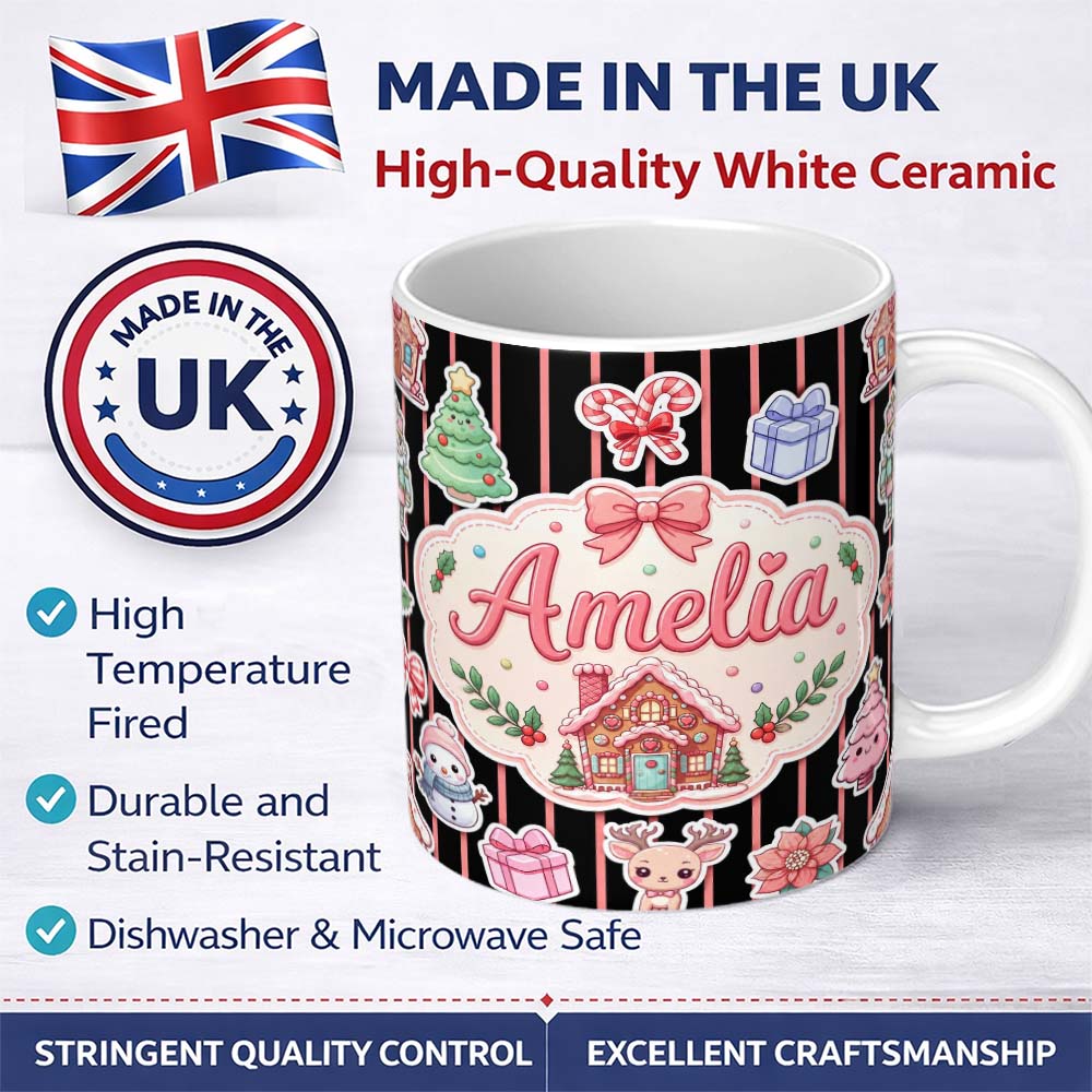 Personalized Custom Name Cute Christmas Gingerbread House Snowman Tree Gift Red Stripe 11oz Ceramic Coffee Tea Mug White Large Handle