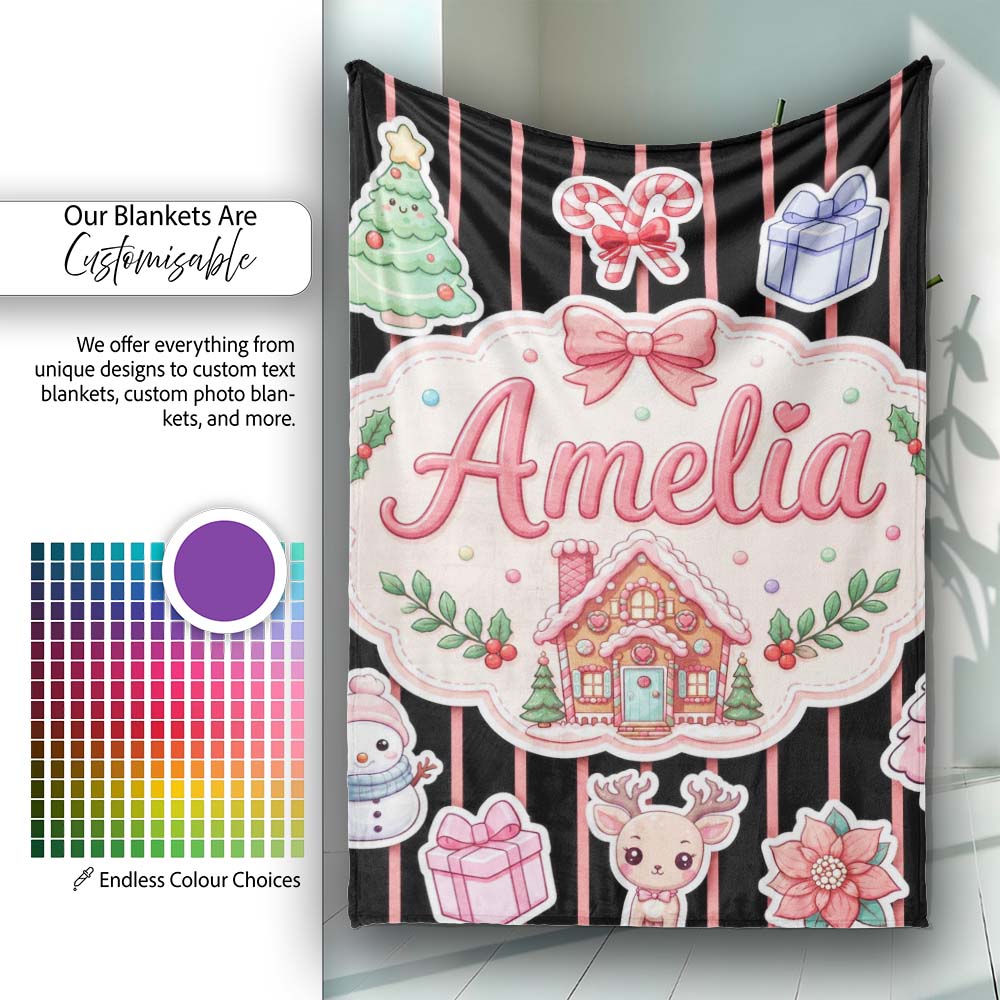 Cute Christmas Gingerbread House Snowman Tree Gift Red Stripe Personalised Custom Name Super Soft Fleece Blanket Bed Sofa Throw