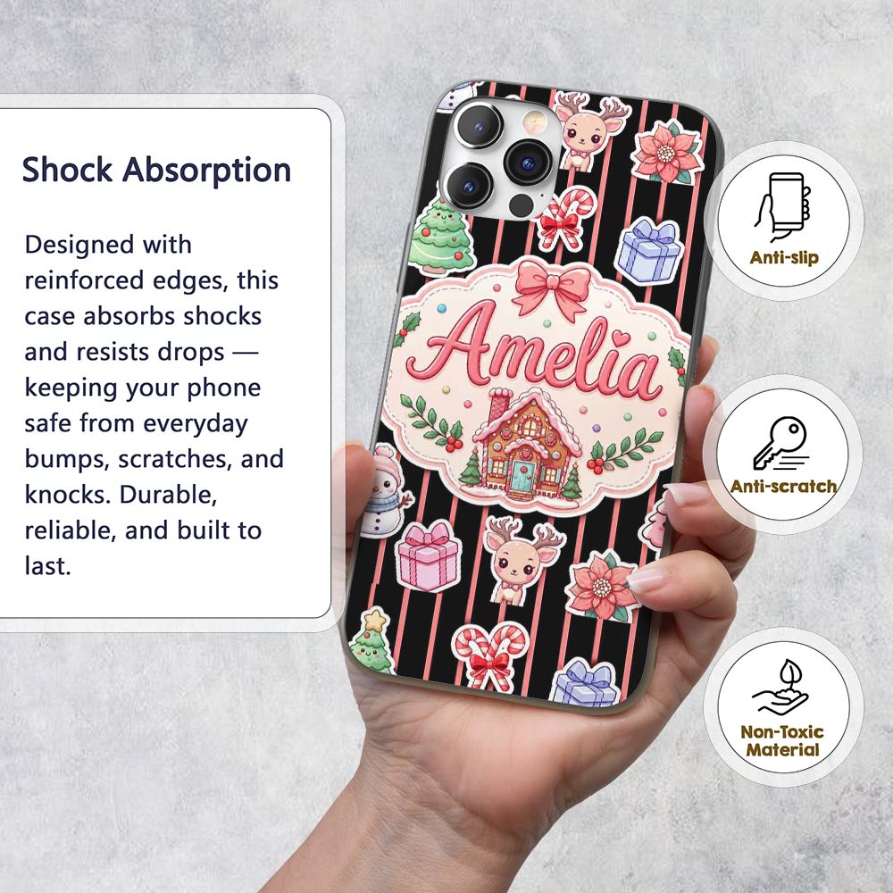 Cute Christmas Gingerbread House Snowman Tree Custom Name Protective Phone Case Mobile Cover Durable Everyday Smartphone Shock Resistant