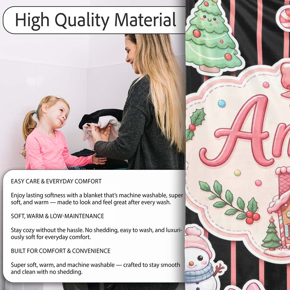 Cute Christmas Gingerbread House Snowman Tree Gift Red Stripe Personalised Custom Name Super Soft Fleece Blanket Bed Sofa Throw