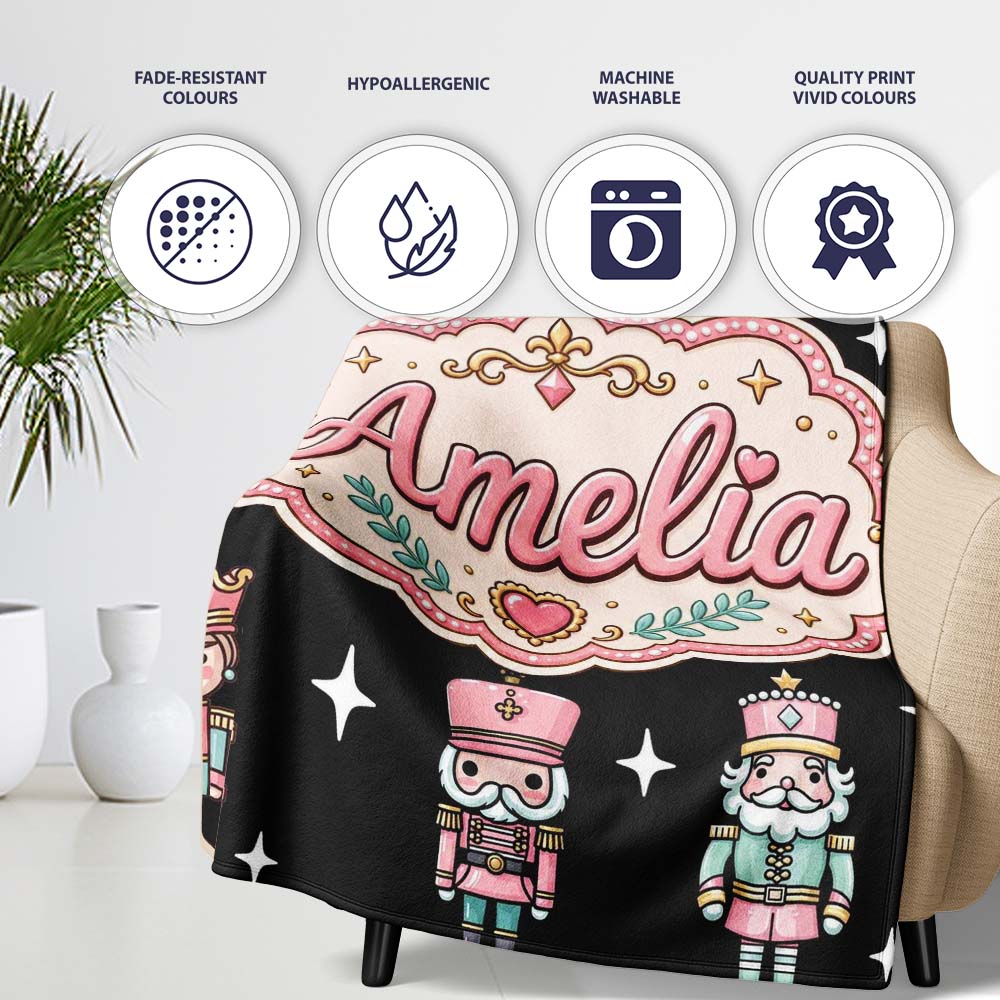Cute Nutcracker Soldier Toy King Pastel Christmas Seamless Pattern Personalised Custom Name Super Soft Fleece Blanket Bed Sofa Throw