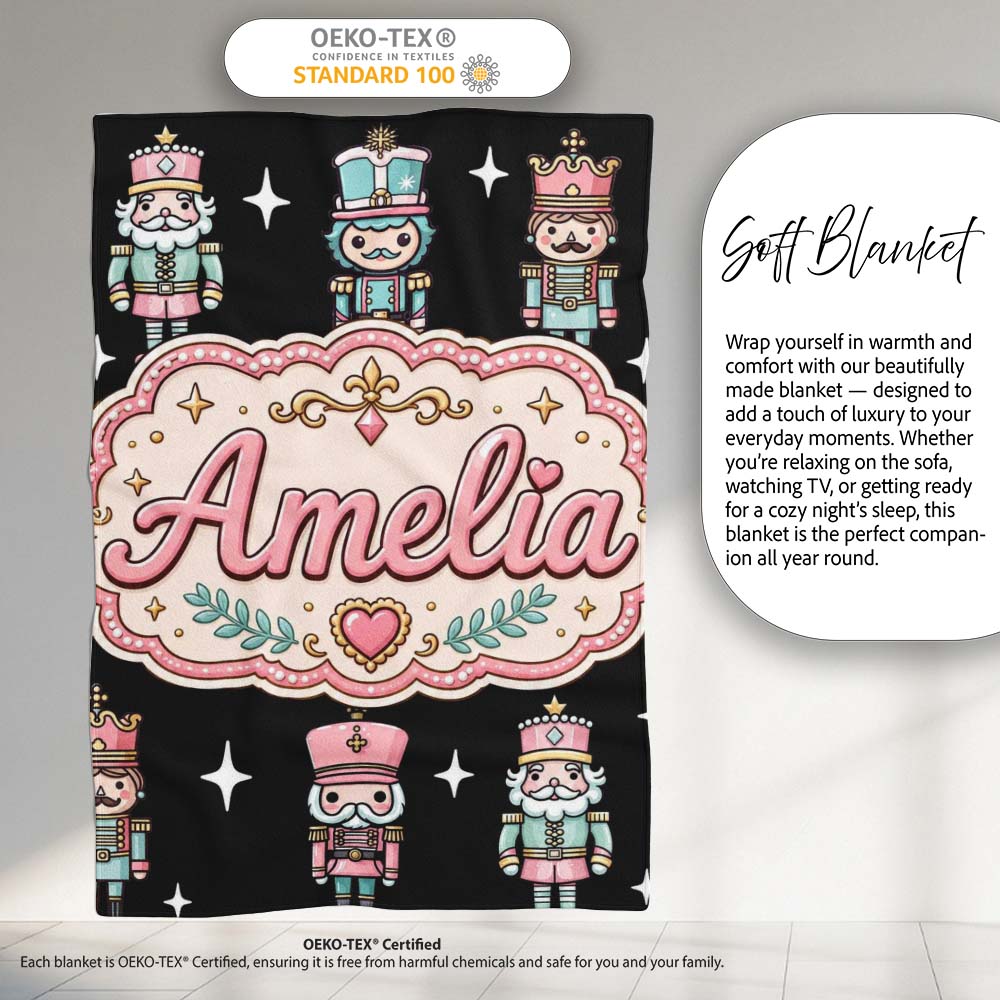 Cute Nutcracker Soldier Toy King Pastel Christmas Seamless Pattern Personalised Custom Name Super Soft Fleece Blanket Bed Sofa Throw