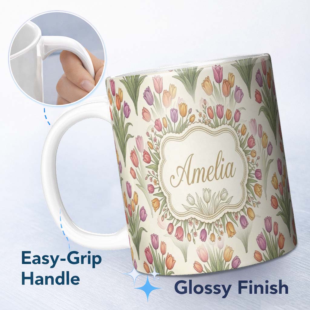 Personalized Custom Name Elegant Tulip Floral Seamless Pattern Neutral Background Spring 11oz Ceramic Coffee Tea Mug White Large Handle