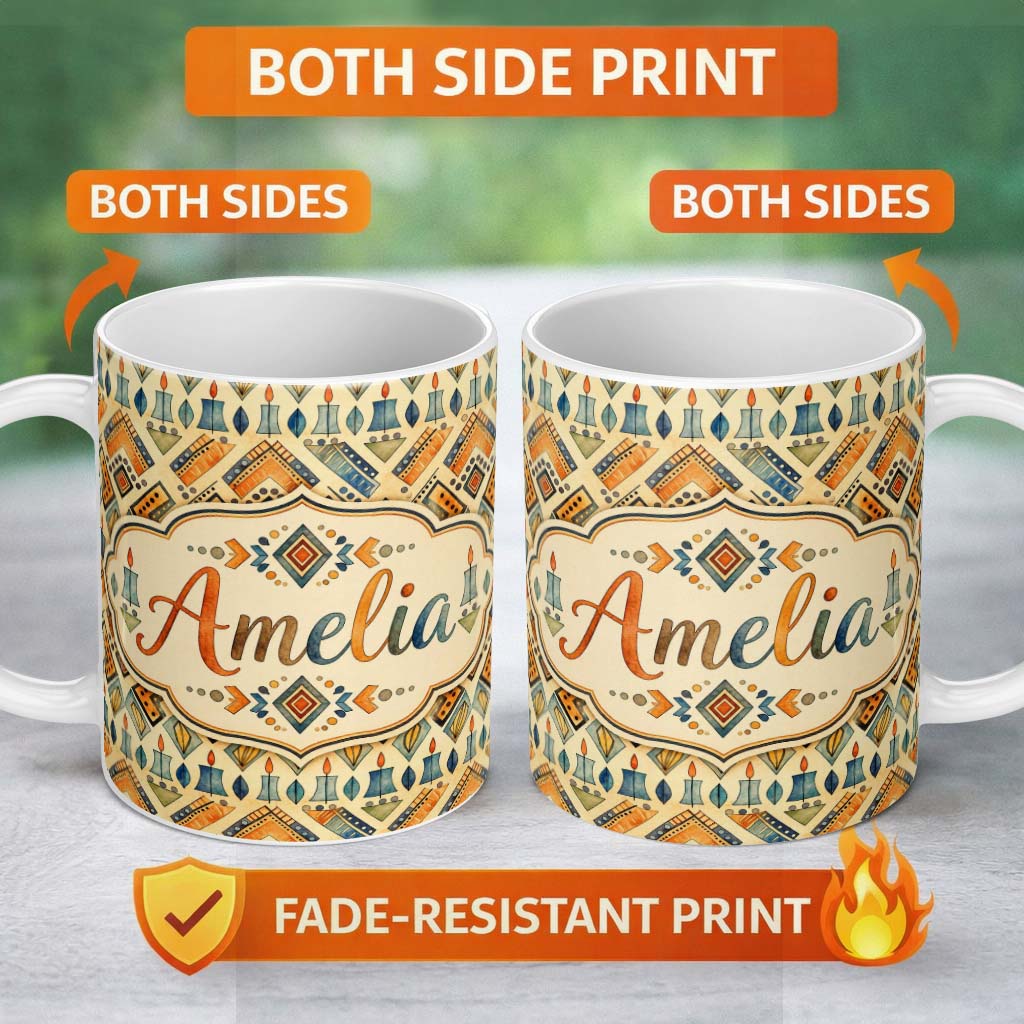 Personalized Custom Name Geometric Tribal Candle Motif Ethnic Pattern Seamless Pattern Design 11oz Ceramic Coffee Tea Mug White Large Handle