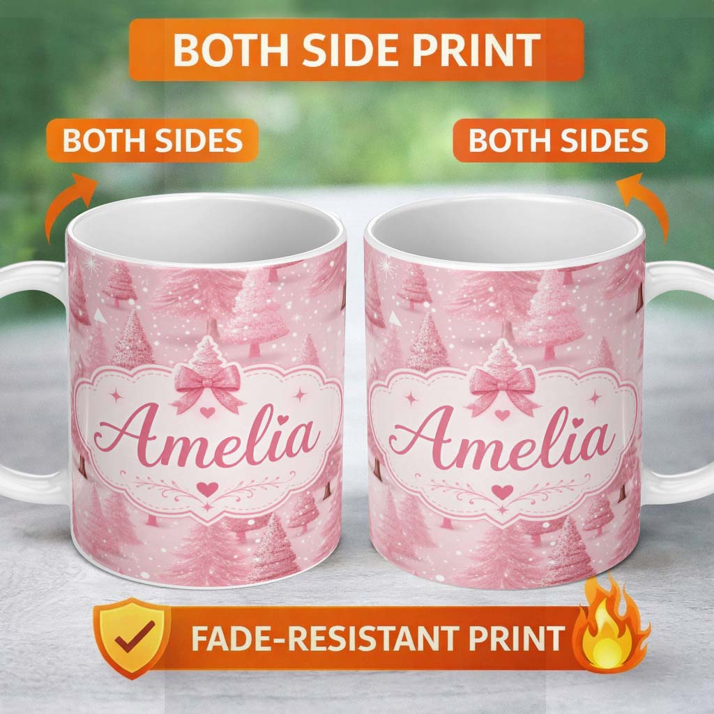 Personalized Custom Name Soft Pink Snowy Christmas Trees Winter Wonderland Seamless Pattern 11oz Ceramic Coffee Tea Mug White Large Handle