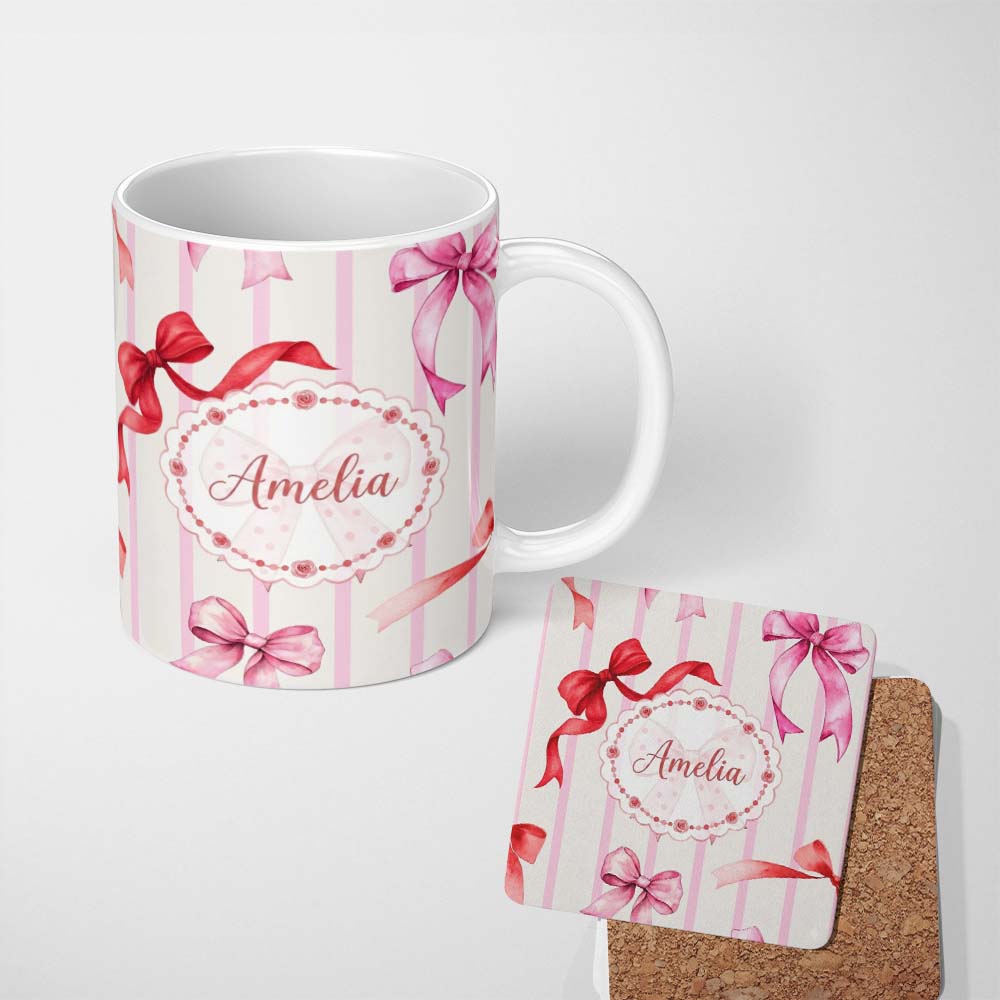 Personalized Custom Name Watercolor Red Pink Ribbon Bows Pink Stripe Background Cute Girly 11oz Ceramic Coffee Tea Mug White Large Handle