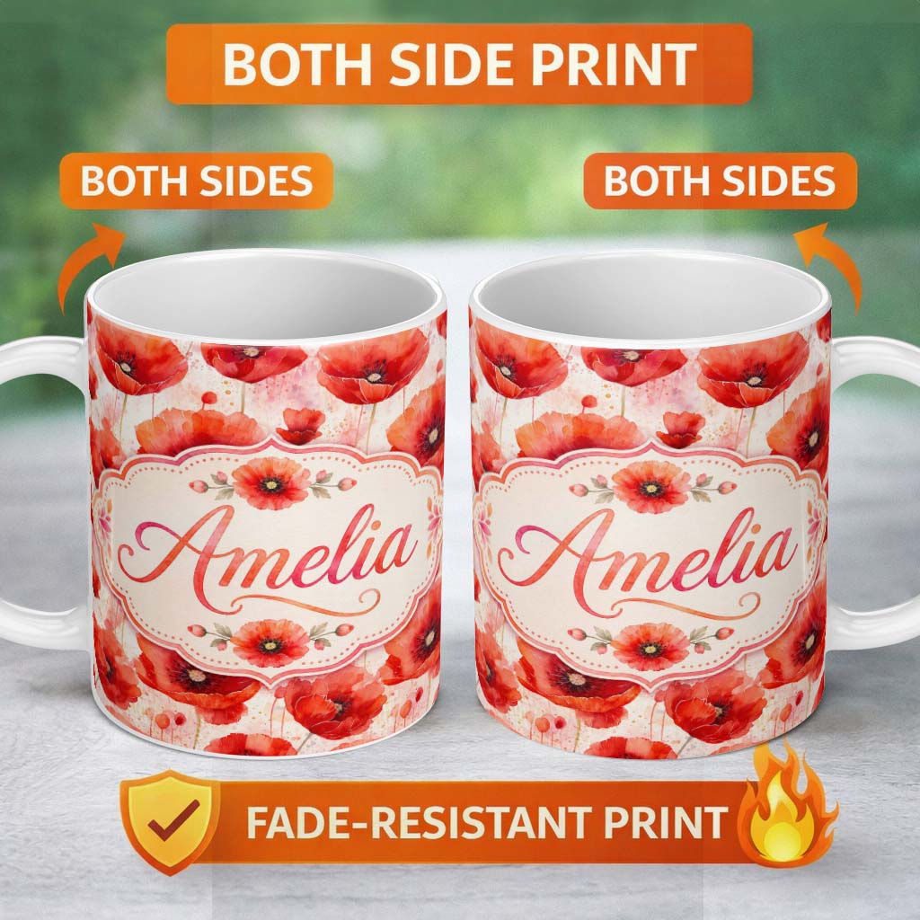 Personalized Custom Name Delicate Red Poppy Floral Watercolor Seamless Pattern Lovely 11oz Ceramic Coffee Tea Mug White Large Handle