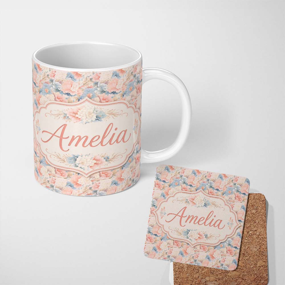 Personalized Custom Name Soft Pastel Floral Garden with Blush and Blue Flowers Seamless 11oz Ceramic Coffee Tea Mug White Large Handle