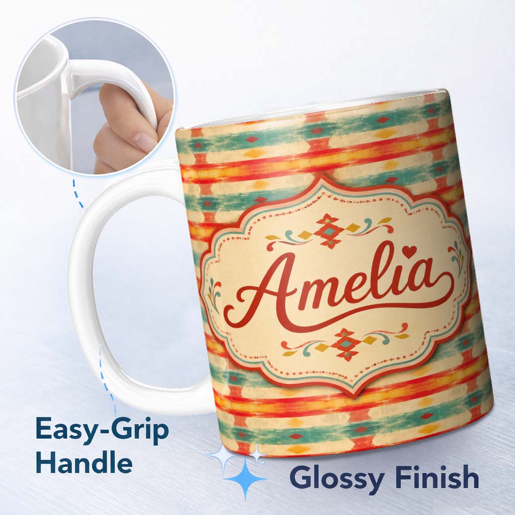Personalized Custom Name Distressed Horizontal Stripe Pattern in Coral Teal and Mustard Tones 11oz Ceramic Coffee Tea Mug White Large Handle