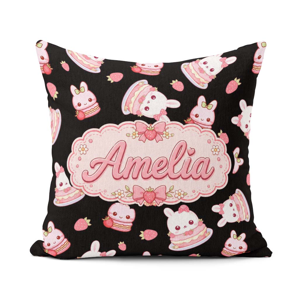 Custom Name Bunny Macaron Dessert Kawaii Sweet Seamless Pattern Square Filled Cushion Throw Pillow Sofa Bed Home Decor Zip Washable UK Made