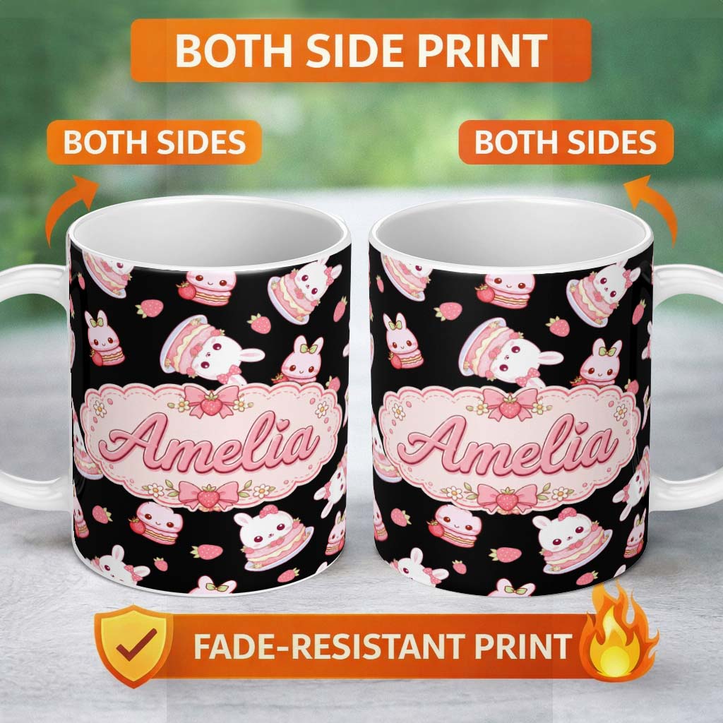 Personalized Custom Name Cute Strawberry Bunny Macaron Dessert Kawaii Sweet Seamless Pattern 11oz Ceramic Coffee Tea Mug White Large Handle