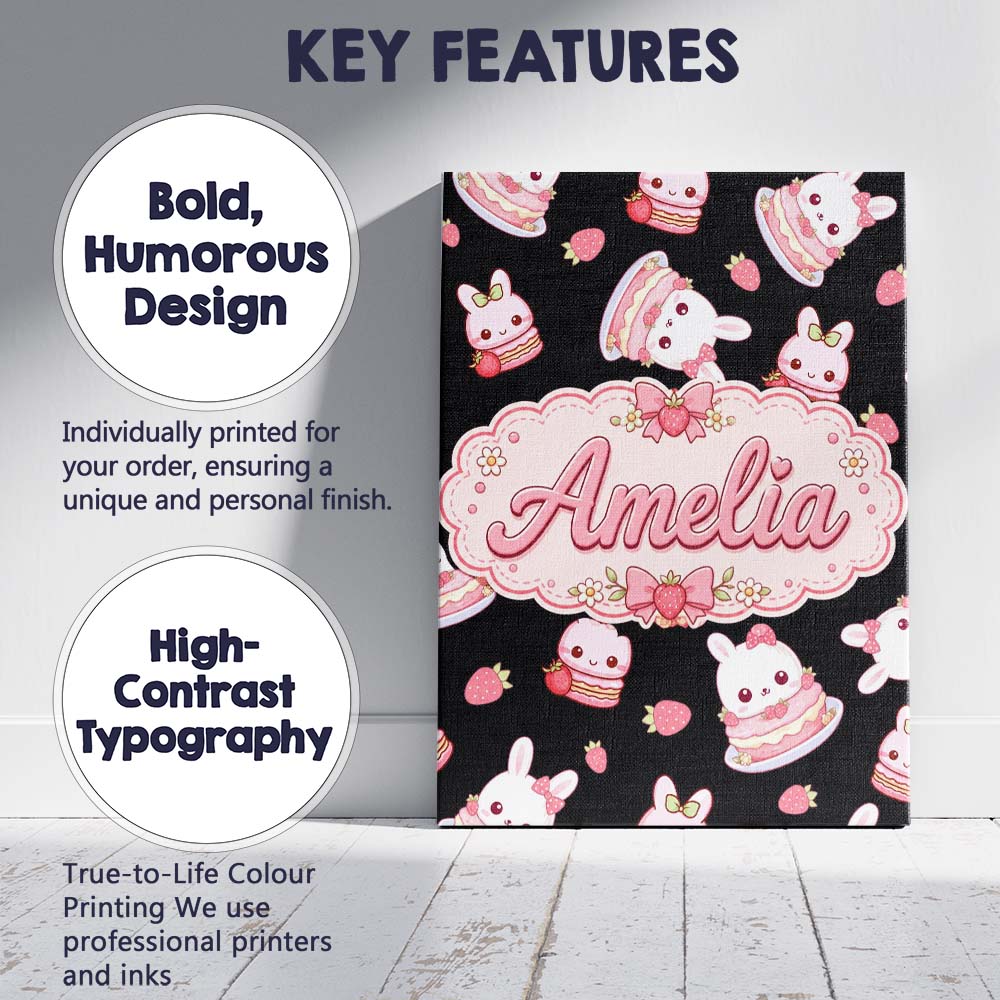 Personalised Name Cute Strawberry Bunny Custom Modern Room Accent Elegant Feature Canvas Wall Art Print Decor Picture Ready to Hang