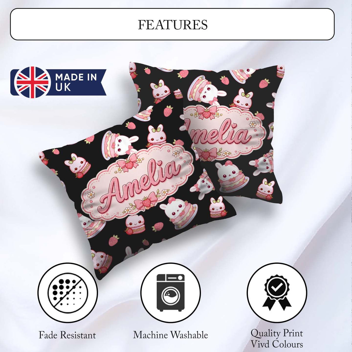 Custom Name Bunny Macaron Dessert Kawaii Sweet Seamless Pattern Square Filled Cushion Throw Pillow Sofa Bed Home Decor Zip Washable UK Made