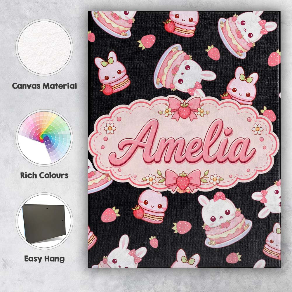 Personalised Name Cute Strawberry Bunny Custom Modern Room Accent Elegant Feature Canvas Wall Art Print Decor Picture Ready to Hang