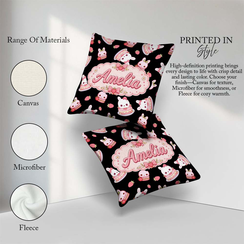 Custom Name Bunny Macaron Dessert Kawaii Sweet Seamless Pattern Square Filled Cushion Throw Pillow Sofa Bed Home Decor Zip Washable UK Made