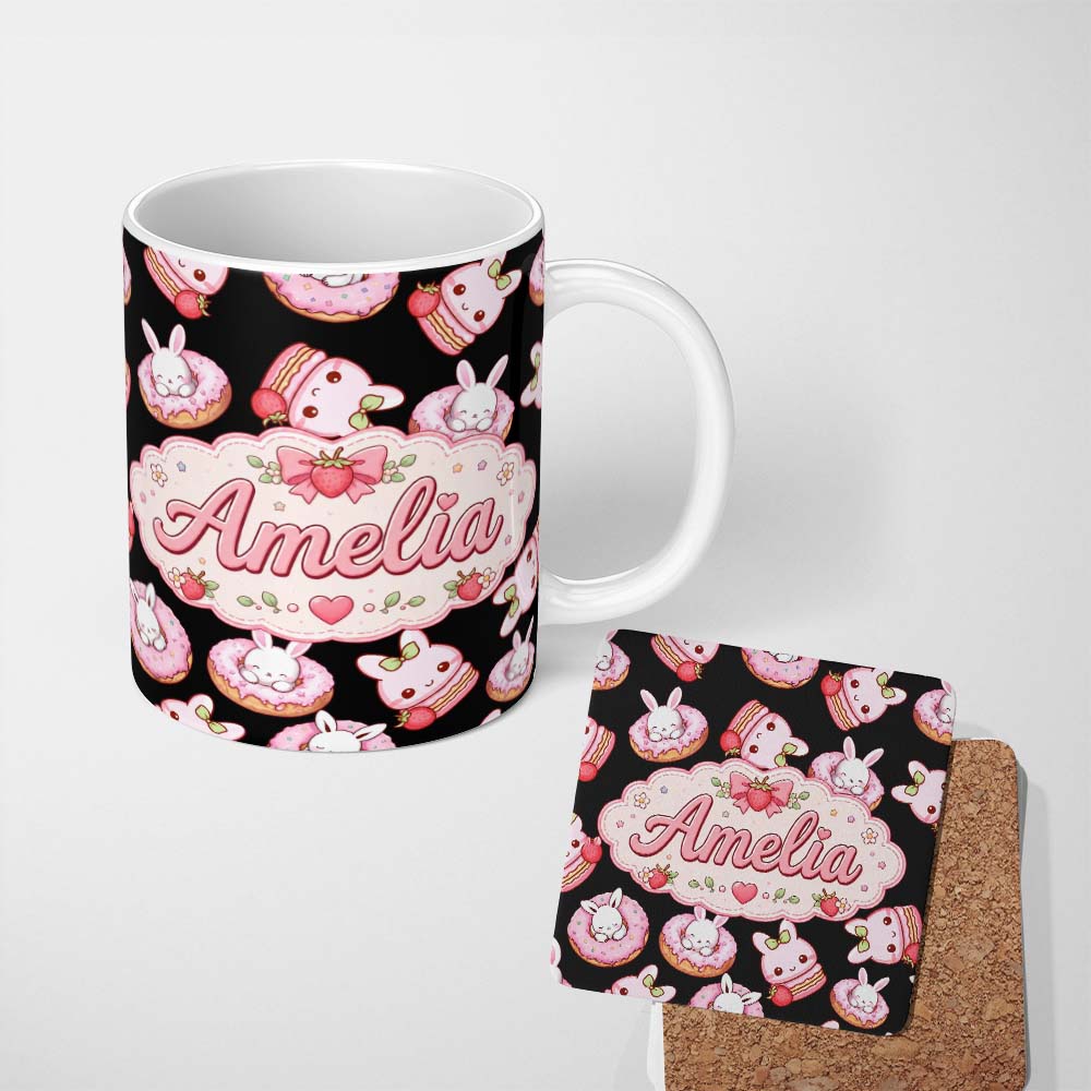 Personalized Custom Name Cute Strawberry Bunny Donut Dessert Kawaii Sweet Seamless Pattern 11oz Ceramic Coffee Tea Mug White Large Handle