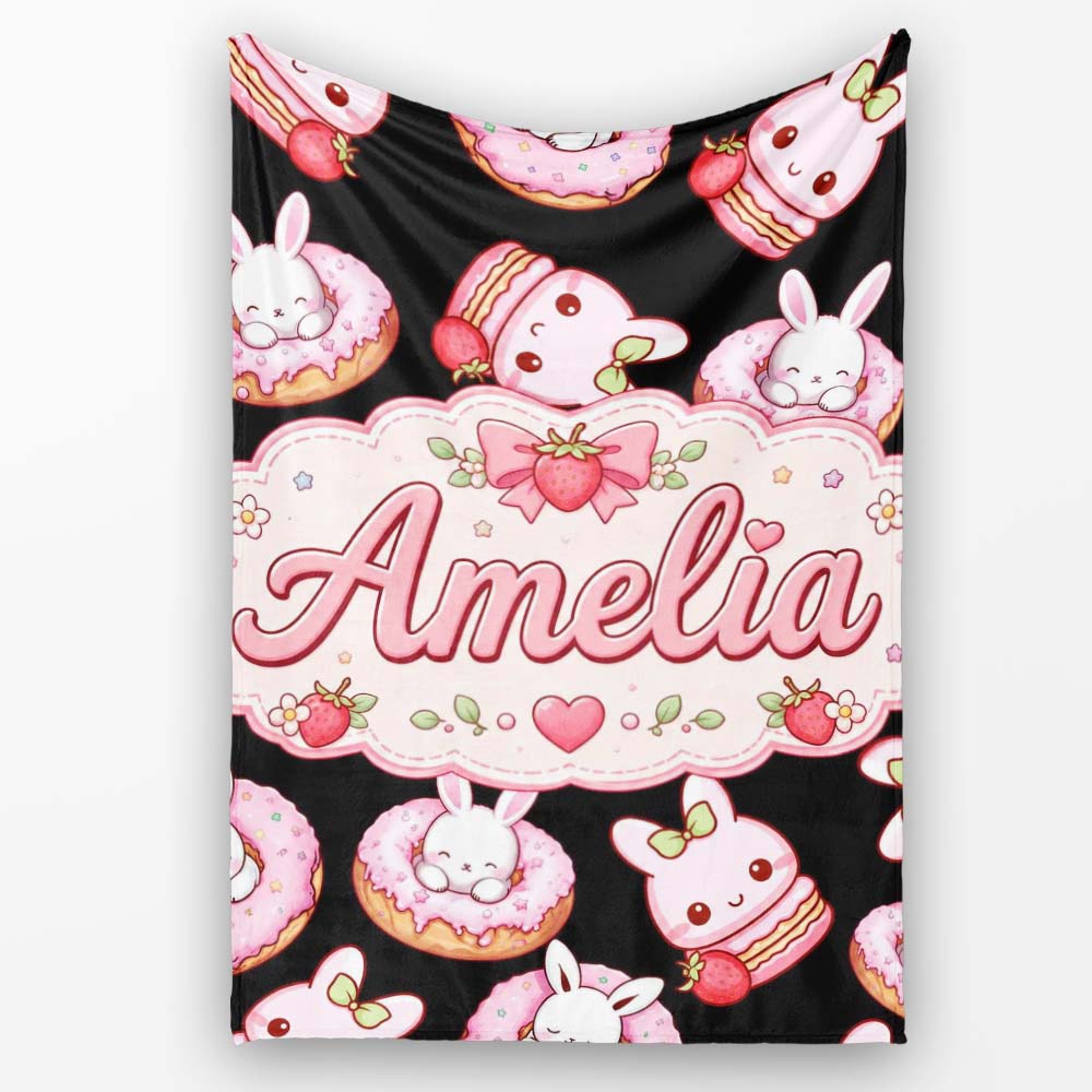 Cute Strawberry Bunny Donut Dessert Kawaii Sweet Seamless Pattern Personalised Custom Name Super Soft Fleece Blanket Bed Sofa Throw