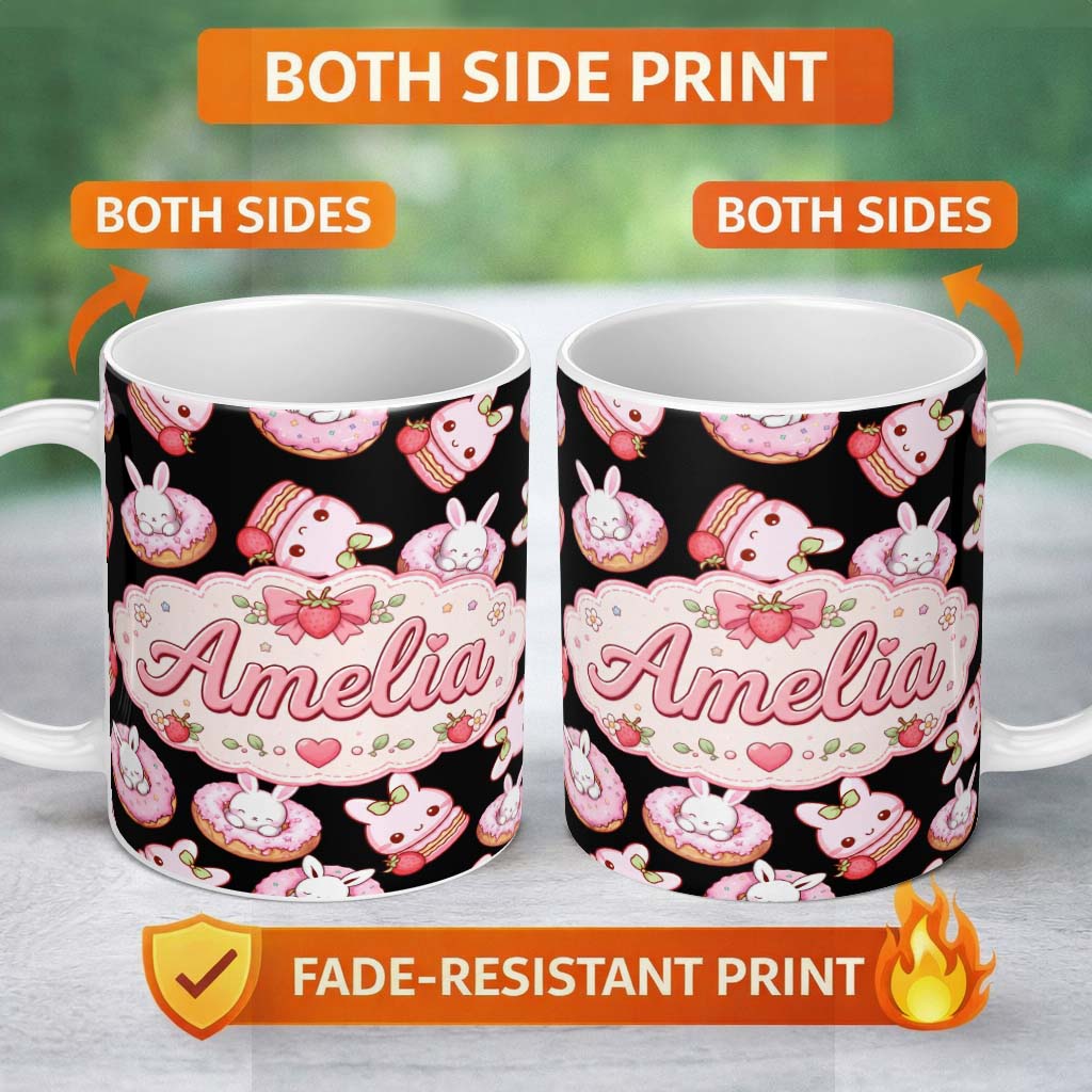 Personalized Custom Name Cute Strawberry Bunny Donut Dessert Kawaii Sweet Seamless Pattern 11oz Ceramic Coffee Tea Mug White Large Handle