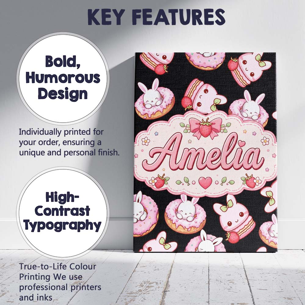 Personalised Name Cute Strawberry Bunny Custom Modern Room Accent Elegant Feature Canvas Wall Art Print Decor Picture Ready to Hang