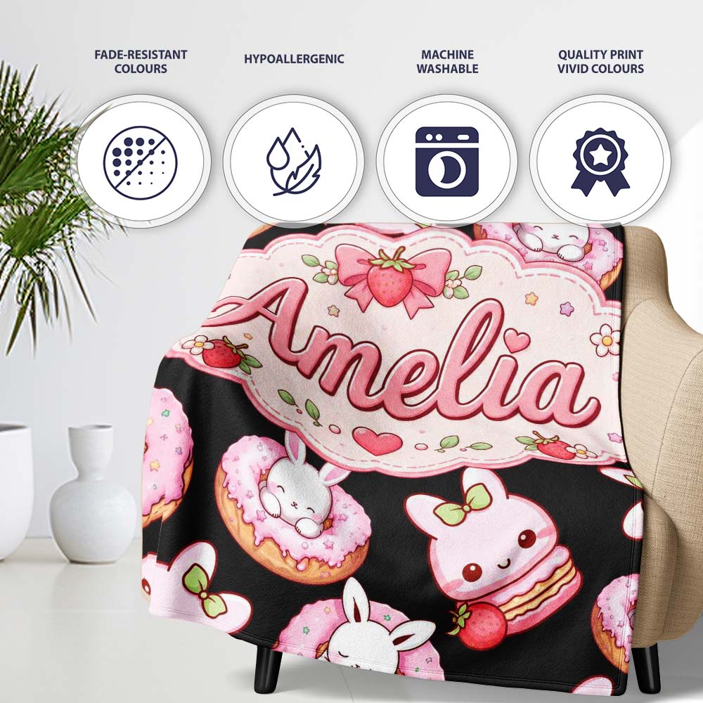 Cute Strawberry Bunny Donut Dessert Kawaii Sweet Seamless Pattern Personalised Custom Name Super Soft Fleece Blanket Bed Sofa Throw
