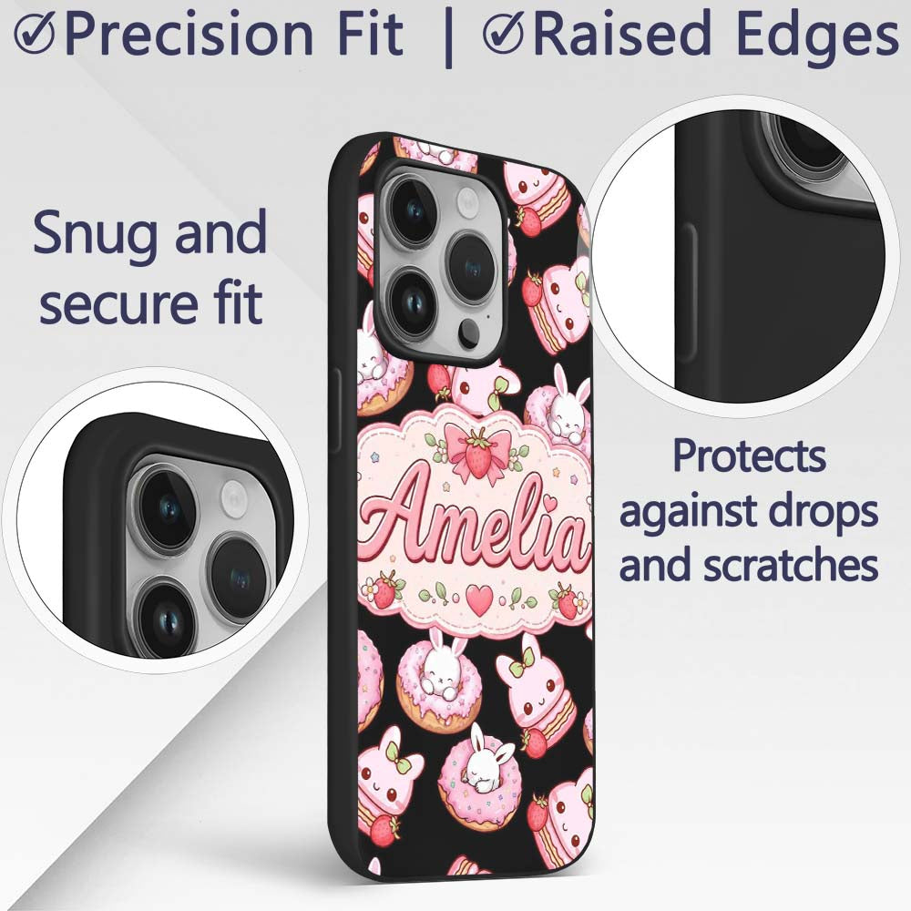 Cute Strawberry Bunny Donut Dessert Kawaii Sweet Custom Name Protective Phone Case Mobile Cover Durable Everyday Smartphone Shock Resistant