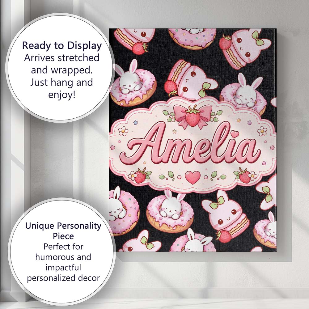 Personalised Name Cute Strawberry Bunny Custom Modern Room Accent Elegant Feature Canvas Wall Art Print Decor Picture Ready to Hang