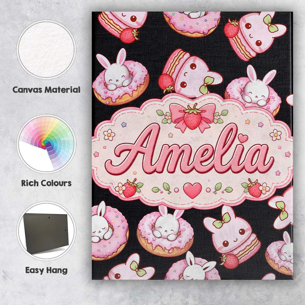 Personalised Name Cute Strawberry Bunny Custom Modern Room Accent Elegant Feature Canvas Wall Art Print Decor Picture Ready to Hang