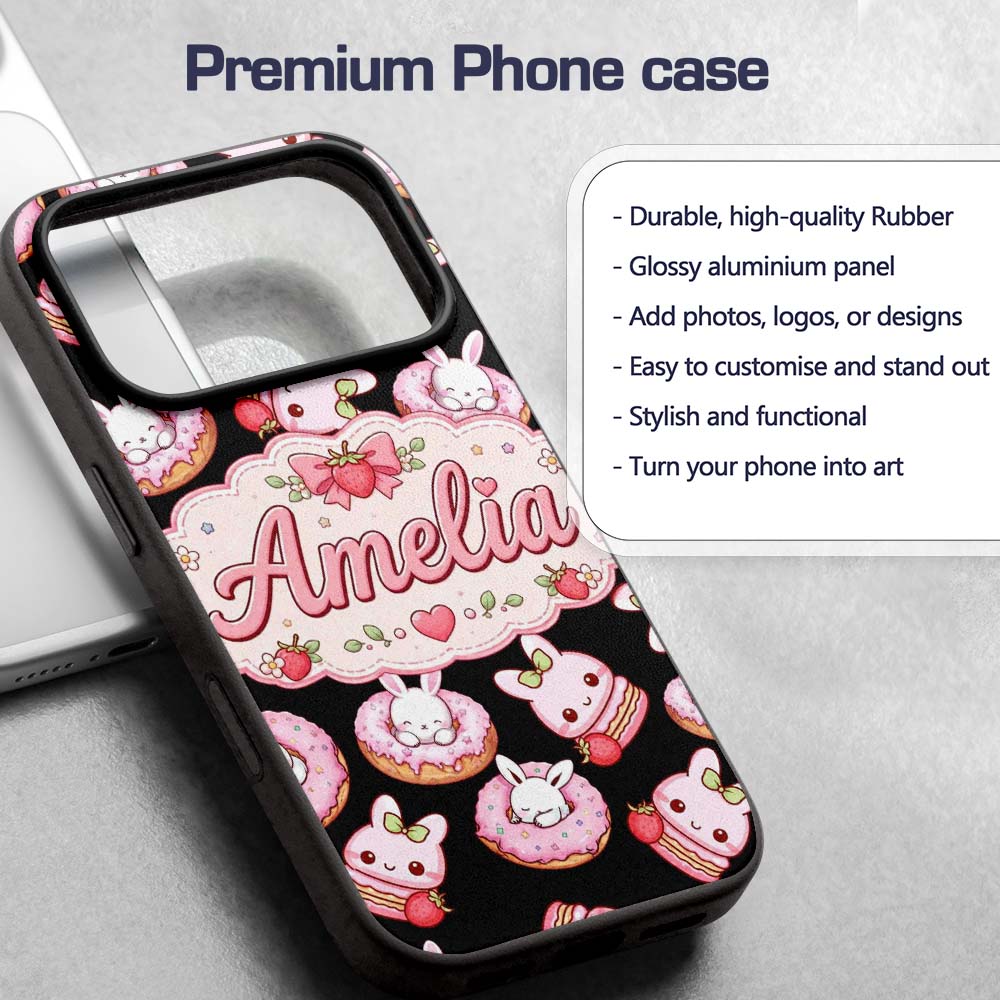 Cute Strawberry Bunny Donut Dessert Kawaii Sweet Custom Name Protective Phone Case Mobile Cover Durable Everyday Smartphone Shock Resistant