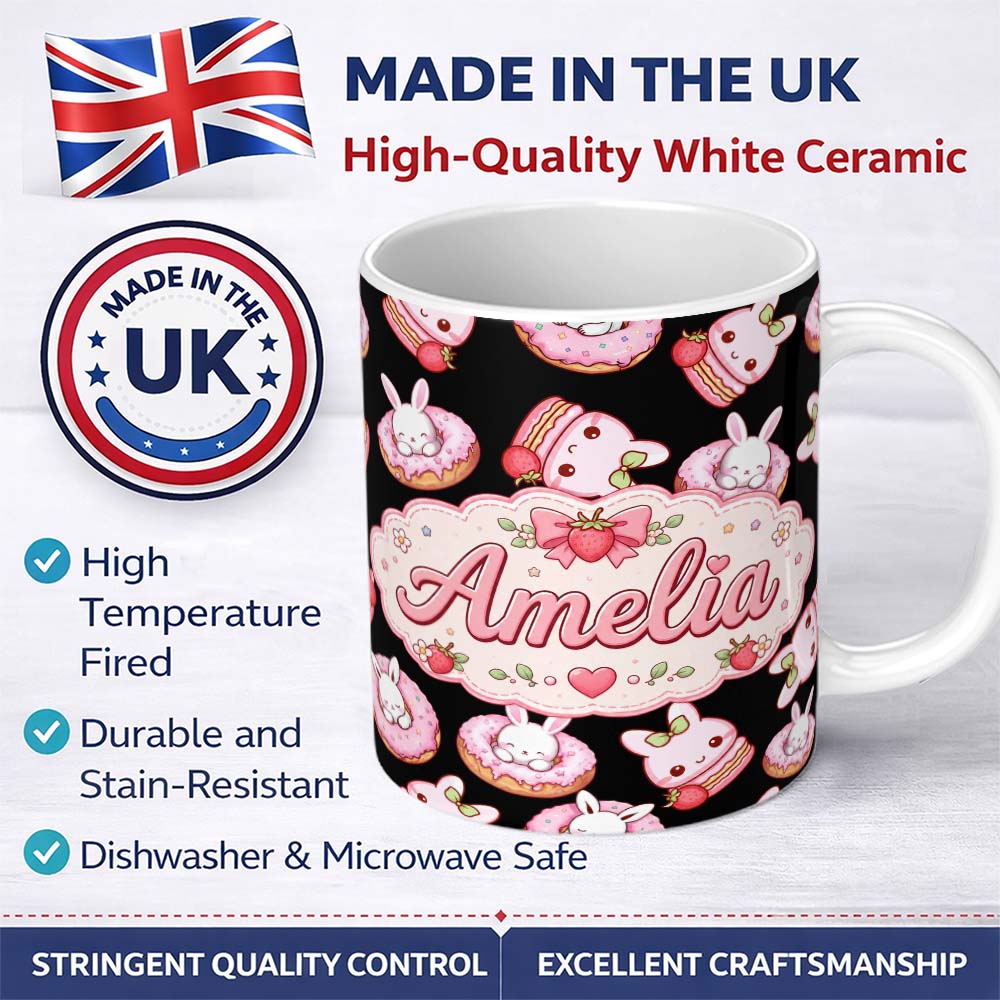 Personalized Custom Name Cute Strawberry Bunny Donut Dessert Kawaii Sweet Seamless Pattern 11oz Ceramic Coffee Tea Mug White Large Handle