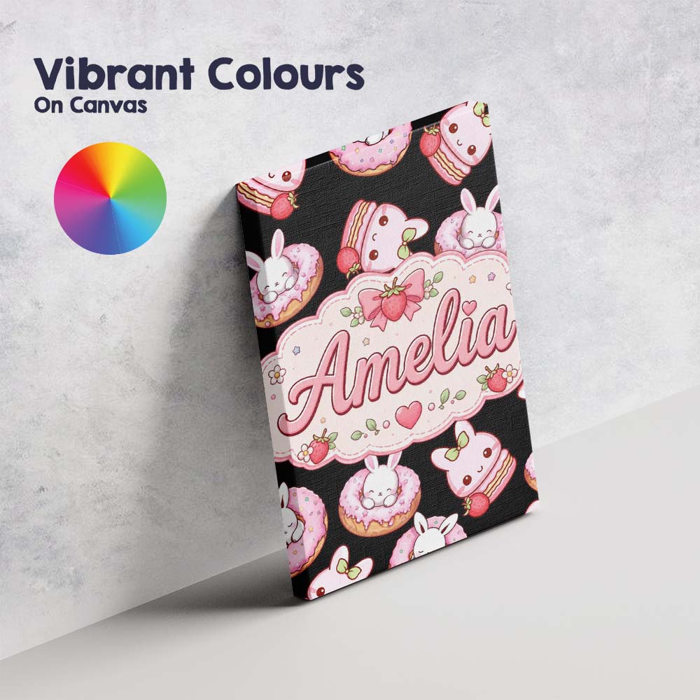 Personalised Name Cute Strawberry Bunny Custom Modern Room Accent Elegant Feature Canvas Wall Art Print Decor Picture Ready to Hang
