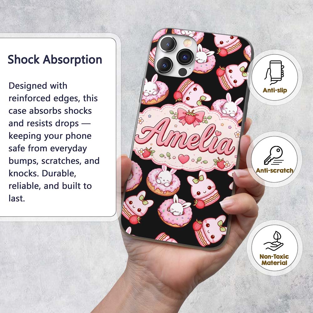 Cute Strawberry Bunny Donut Dessert Kawaii Sweet Custom Name Protective Phone Case Mobile Cover Durable Everyday Smartphone Shock Resistant