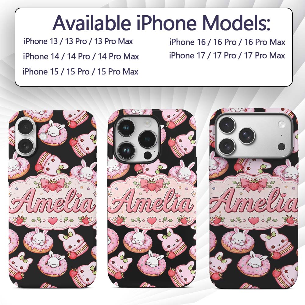 Cute Strawberry Bunny Donut Dessert Kawaii Sweet Custom Name Protective Phone Case Mobile Cover Durable Everyday Smartphone Shock Resistant