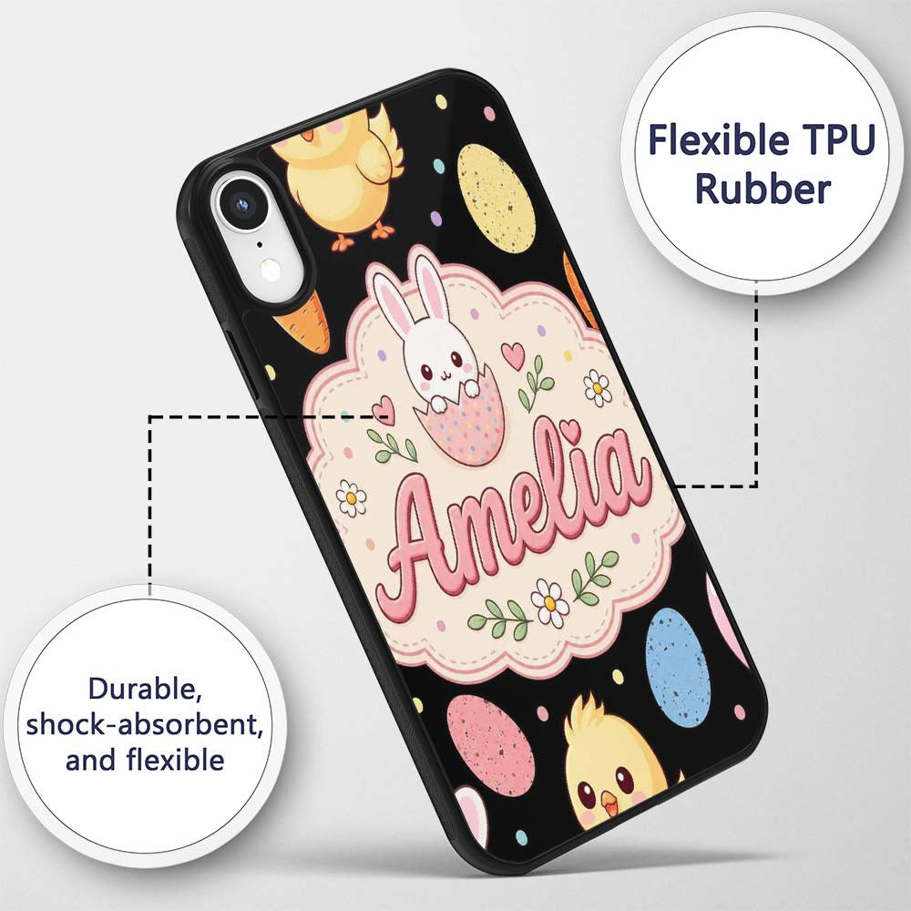 Cute Easter Bunny Chick Carrot Egg Pastel Spring Custom Name Protective Phone Case Mobile Cover Durable Everyday Smartphone Shock Resistant