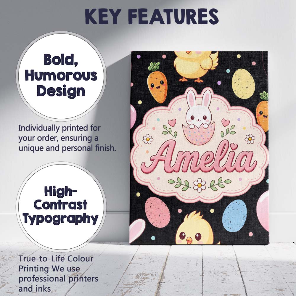 Personalised Name Cute Easter Bunny Chick Custom Unique Gift Idea Elegant Feature Canvas Wall Art Print Decor Picture Ready to Hang