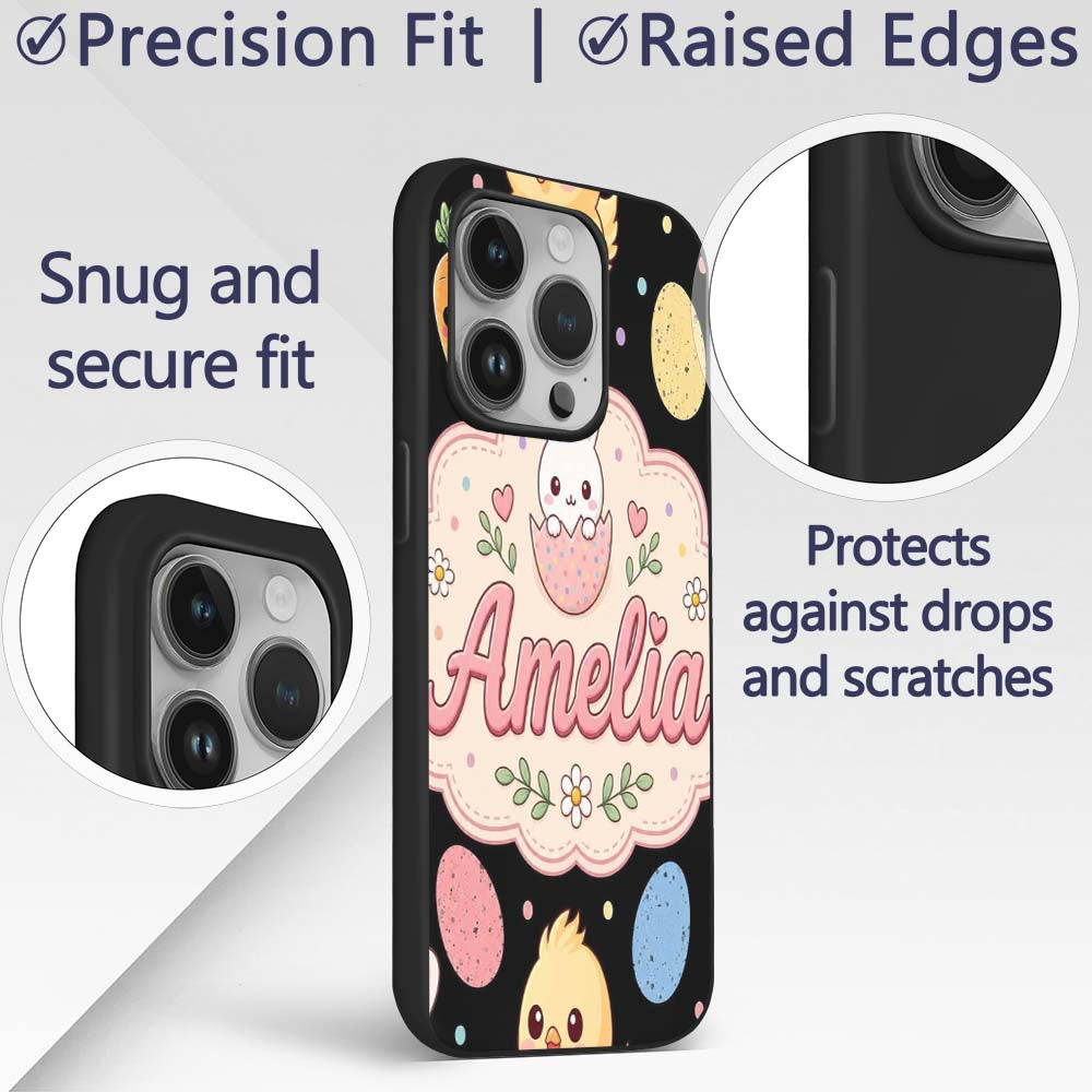 Cute Easter Bunny Chick Carrot Egg Pastel Spring Custom Name Protective Phone Case Mobile Cover Durable Everyday Smartphone Shock Resistant