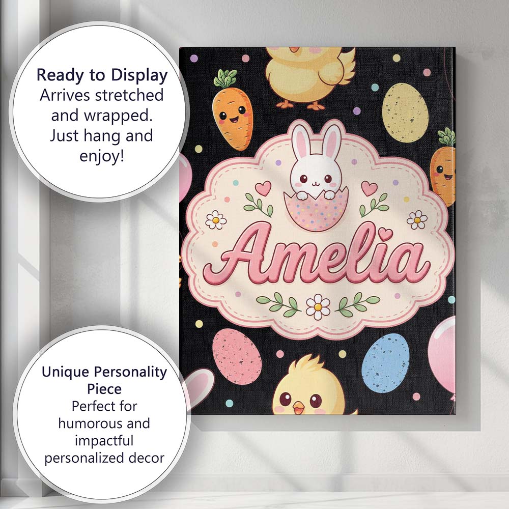 Personalised Name Cute Easter Bunny Chick Custom Unique Gift Idea Elegant Feature Canvas Wall Art Print Decor Picture Ready to Hang