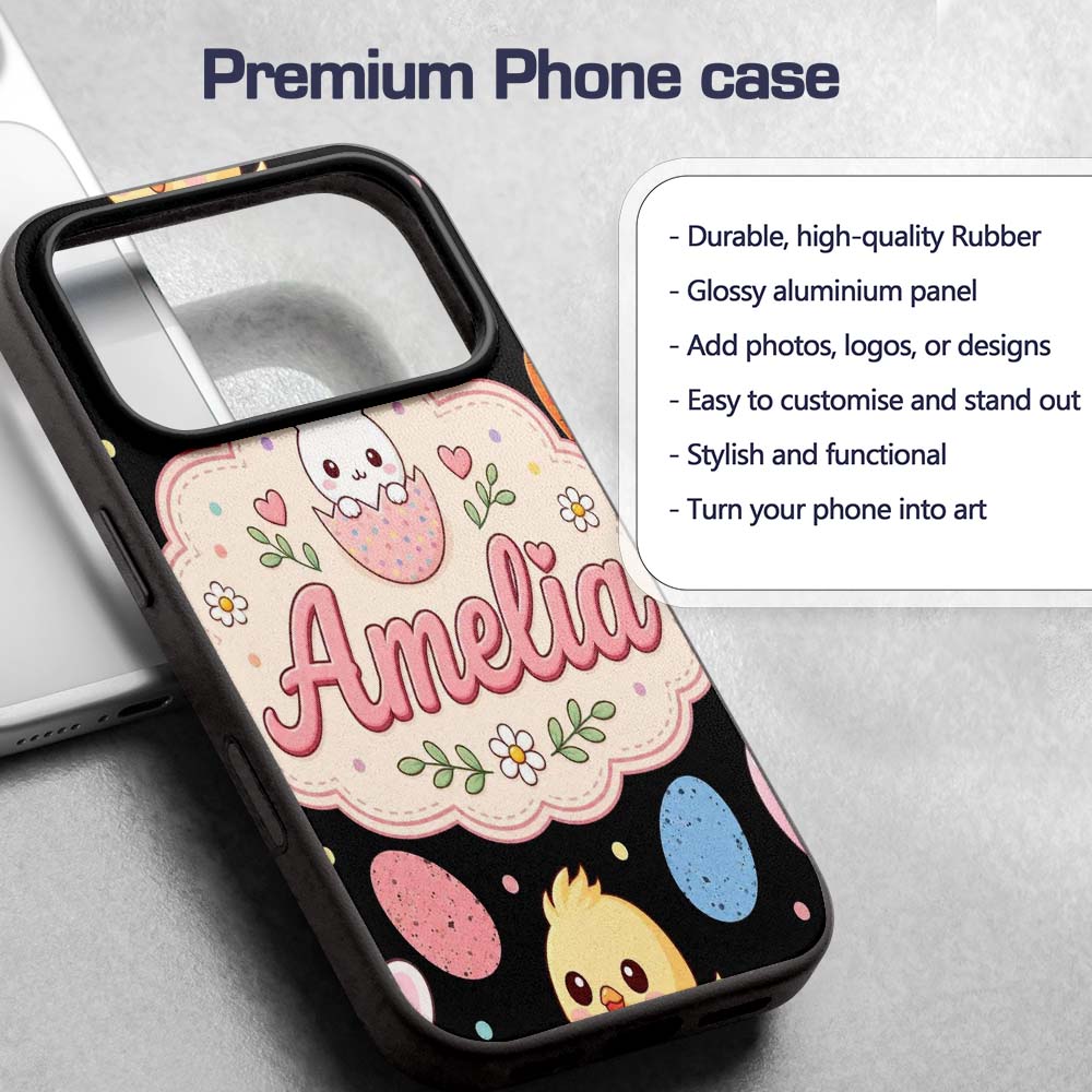 Cute Easter Bunny Chick Carrot Egg Pastel Spring Custom Name Protective Phone Case Mobile Cover Durable Everyday Smartphone Shock Resistant