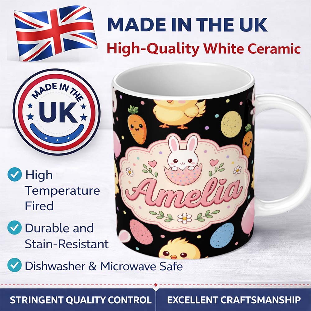 Personalized Custom Name Cute Easter Bunny Chick Carrot Egg Pastel Spring Seamless Pattern 11oz Ceramic Coffee Tea Mug White Large Handle