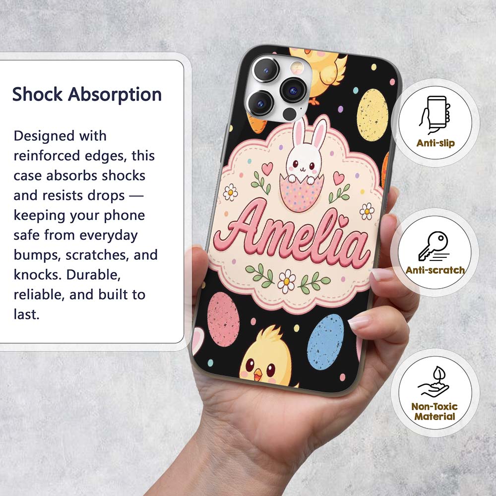 Cute Easter Bunny Chick Carrot Egg Pastel Spring Custom Name Protective Phone Case Mobile Cover Durable Everyday Smartphone Shock Resistant