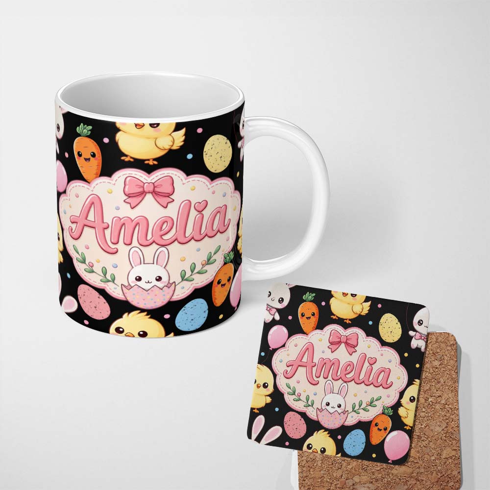 Personalized Custom Name Cute Easter Bunny Chick Carrot Egg Pastel Confetti Seamless Pattern 11oz Ceramic Coffee Tea Mug White Large Handle
