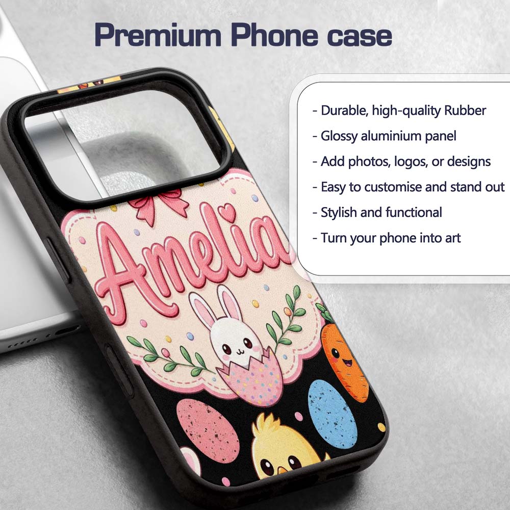 Cute Easter Bunny Chick Carrot Egg Printed Design Custom Name Protective Phone Case Mobile Cover Durable Everyday Smartphone Shock Resistant