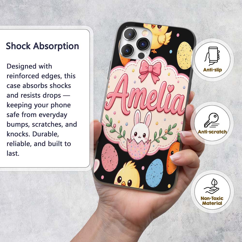 Cute Easter Bunny Chick Carrot Egg Printed Design Custom Name Protective Phone Case Mobile Cover Durable Everyday Smartphone Shock Resistant