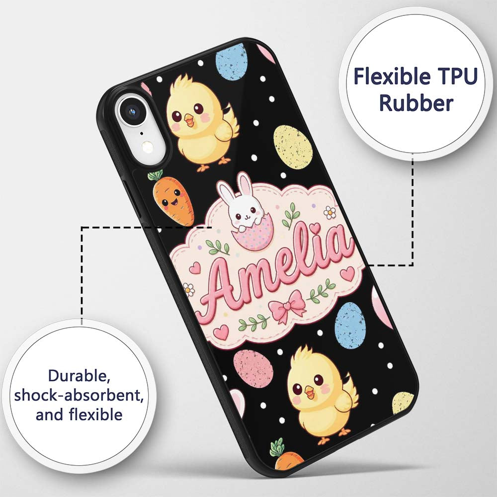 Cute Easter Bunny Chick Egg Carrot Pastel Spring Custom Name Protective Phone Case Mobile Cover Durable Everyday Smartphone Shock Resistant