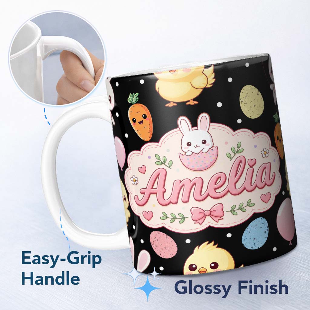 Personalized Custom Name Cute Easter Bunny Chick Egg Carrot Pastel Spring Seamless Pattern 11oz Ceramic Coffee Tea Mug White Large Handle