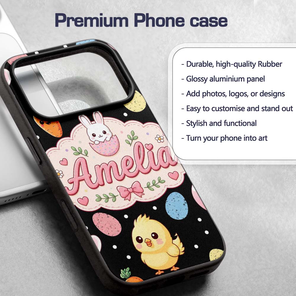 Cute Easter Bunny Chick Egg Carrot Pastel Spring Custom Name Protective Phone Case Mobile Cover Durable Everyday Smartphone Shock Resistant